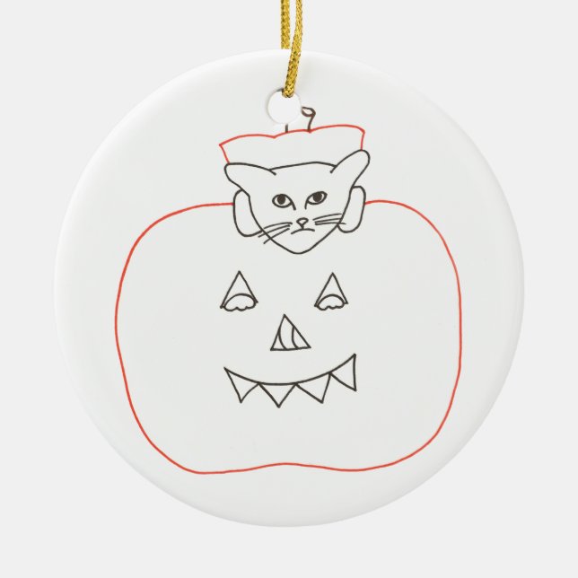 Outline Drawing Cat in Pumpkin Halloween Ornaments (Front)
