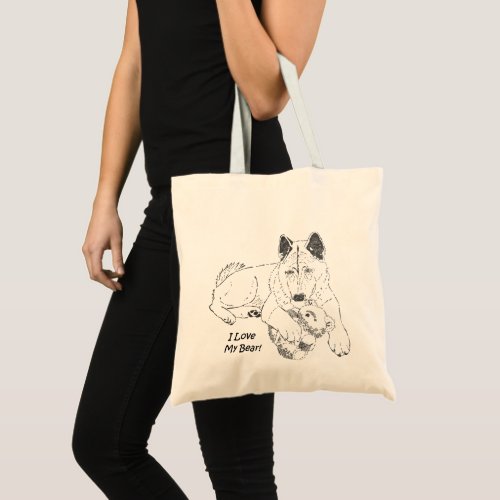 outline drawing of teddy bear and cute akita dog tote bag