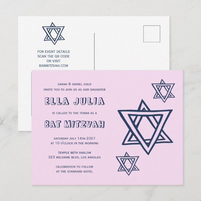 OUTLINE LETTER STAR of DAVID Custom QR BAT Mitzvah Postcard (Front/Back)