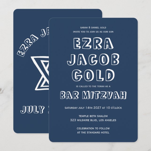 OUTLINE LETTERS STAR OF DAVID Custom Bar Mitzvah Invitation (Front/Back)