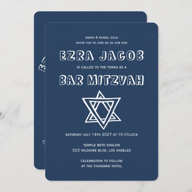 OUTLINE LETTERS STAR OF DAVID Custom Bar Mitzvah Invitation (Front/Back)