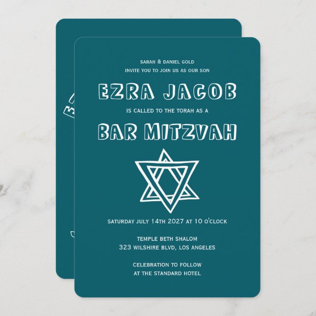 OUTLINE LETTERS STAR OF DAVID Custom Bar Mitzvah Invitation (Front/Back)