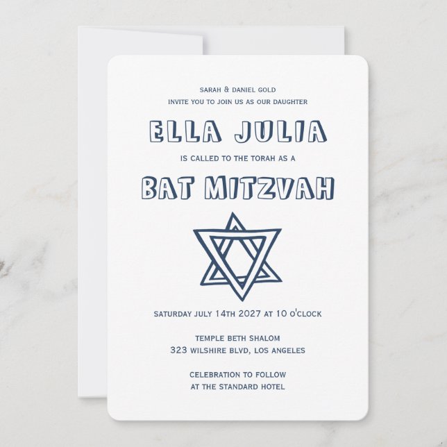 OUTLINE LETTERS STAR OF DAVID Custom Bat Mitzvah Invitation (Front)