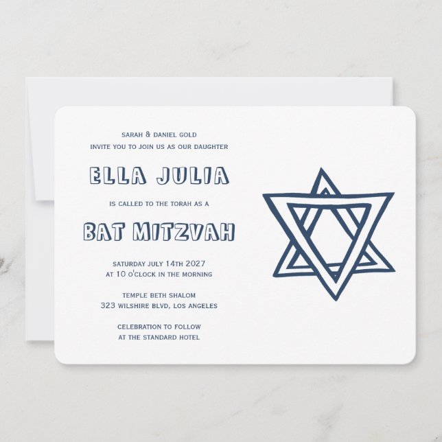 OUTLINE LETTERS STAR OF DAVID Custom Bat Mitzvah Invitation (Front)
