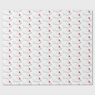 Outline Shark Santa Hat White Christmas Holiday Wrapping Paper