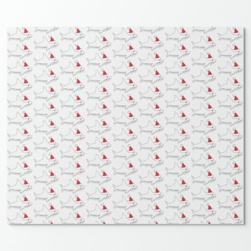 Outline Shark Santa Hat White Christmas Holiday Wrapping Paper