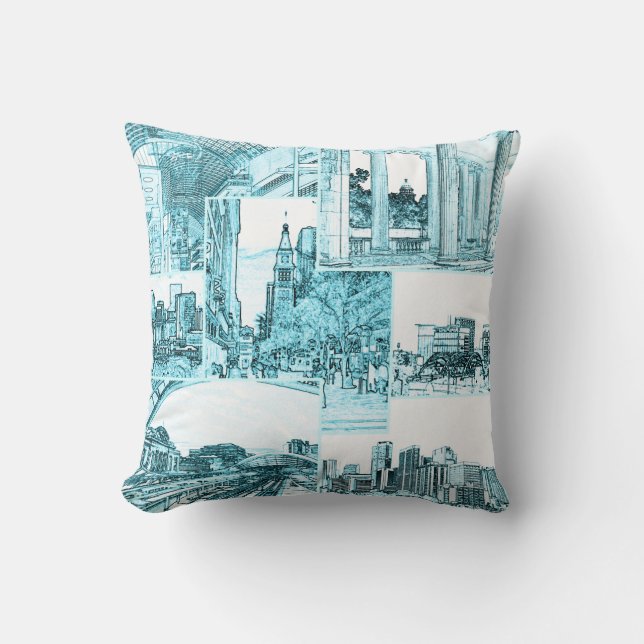 Outline Sketch of Downtown Denver, CO, Light Teal Throw Pillow (Front)