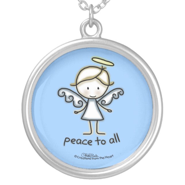 Outlined Angel-Peace to All Silver Plated Necklace (Front)