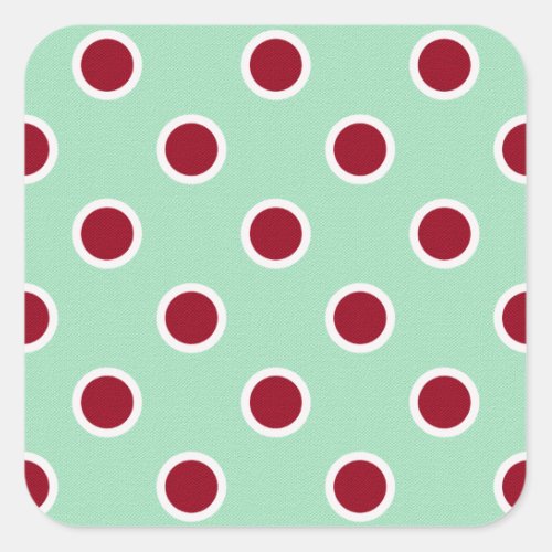 Outlined Dark Red Polka Dots on Pale Green Square Sticker