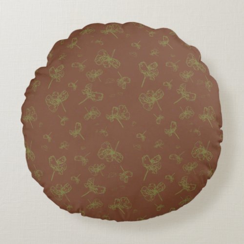 Outlined Green and Marron Red Floral Round Pillow