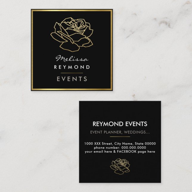 Outlined Rose Flower, events floral Square Business Card (Front/Back)