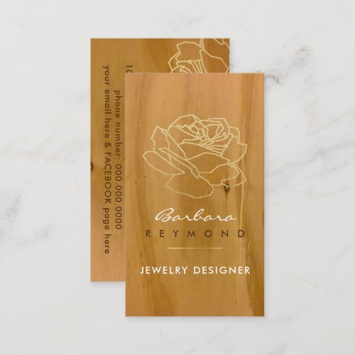 outlined rose flower on wood jewelry designer business card