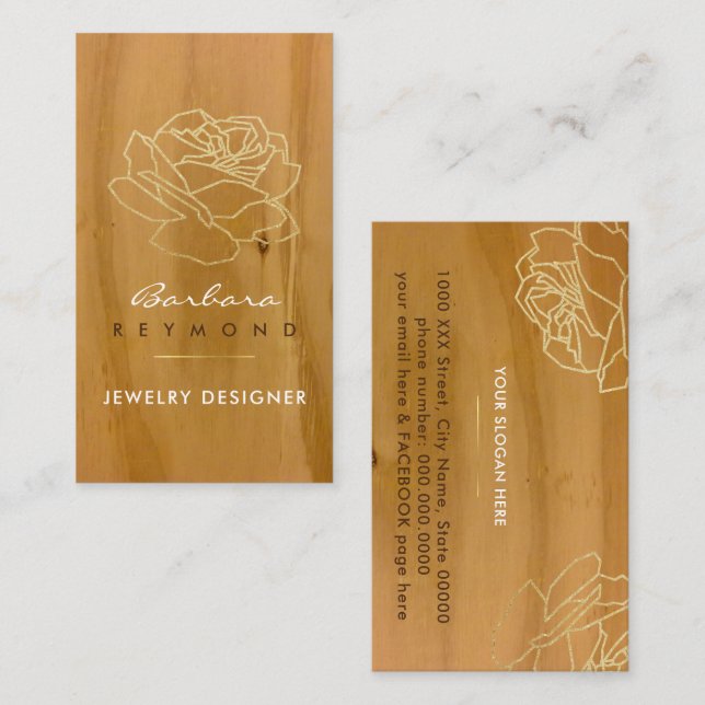 outlined rose flower on wood, jewelry designer business card (Front/Back)