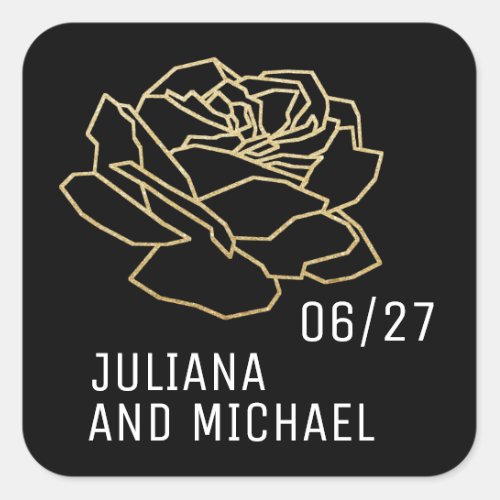 outlined rose flower with names wedding black  square sticker