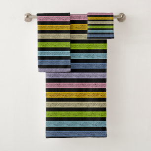Outlined Stripes Pastel Rainbow Black Bath Towel Set
