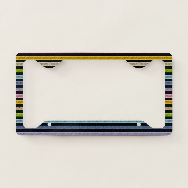 Outlined Stripes Pastel Rainbow Black License Plate Frame (Front)