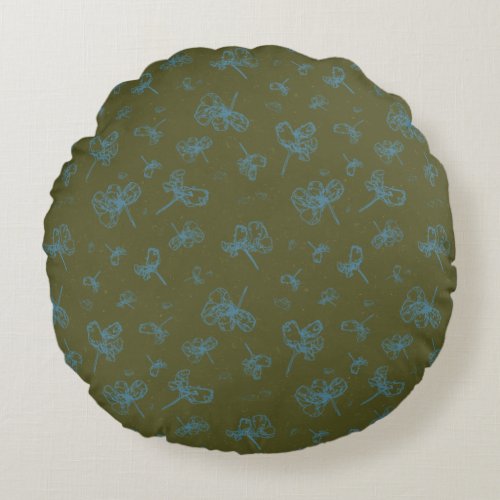 Outlined Teal Blue and Green Floral Round Pillow