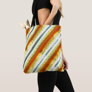 Outrageous abstract stripes in orange and gray tote bag