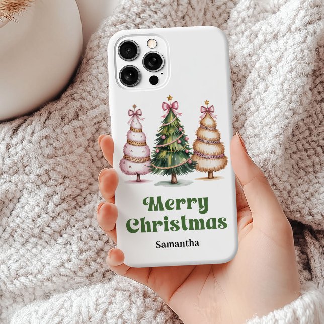 Outrageous leopard Christmas trees custom name Case-Mate iPhone Case (Playful leopard Christmas trees custom name phone case)