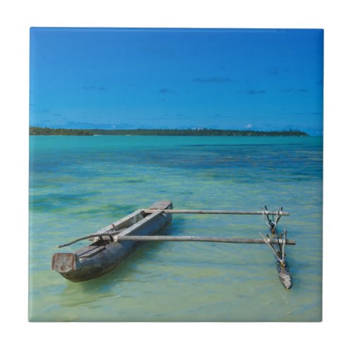 Outrigger Canoe In Shallow Ocean Ceramic Tile