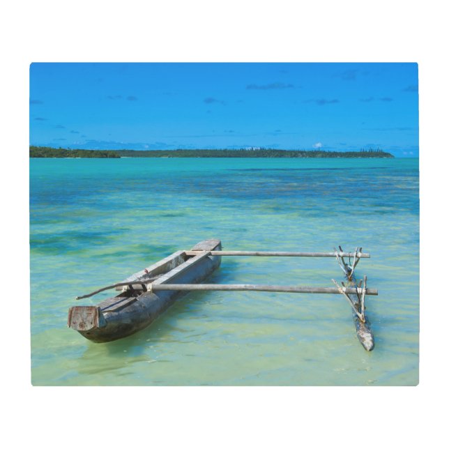 Outrigger Canoe In Shallow Ocean Metal Print (Front)
