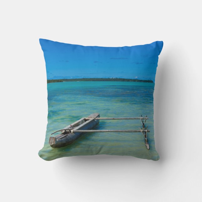 Outrigger Canoe In Shallow Ocean Throw Pillow (Front)