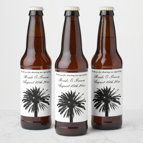 Outside beach wedding palm tree logo beer bottle label