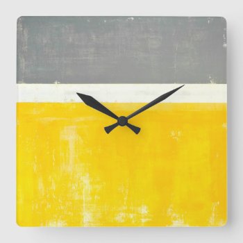 'outside' Grey And Yellow Abstract Art Square Wall Clock by T30Gallery at Zazzle