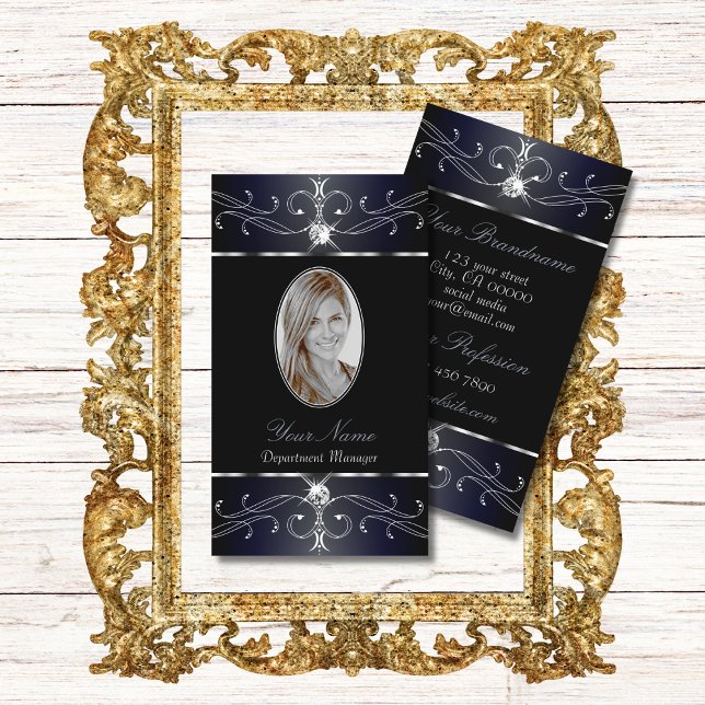 Outstanding Black Blue Ornate Ornaments with Photo Business Card (Creator Uploaded)