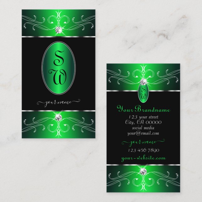 Outstanding Black Green Ornate Ornaments Monogram Business Card (Front/Back)