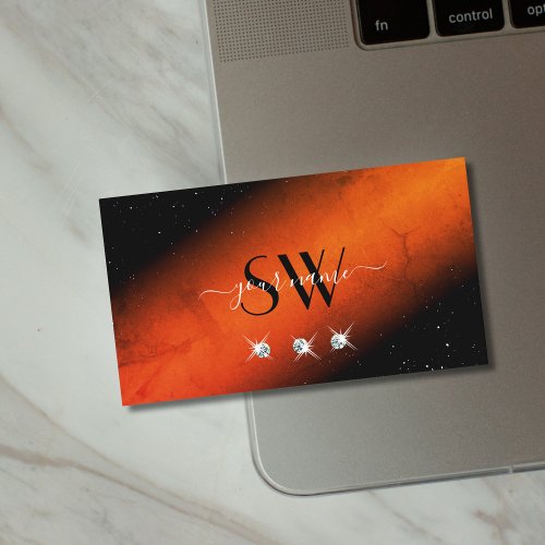 Outstanding Black Orange Sparkling Jewels Initials Business Card