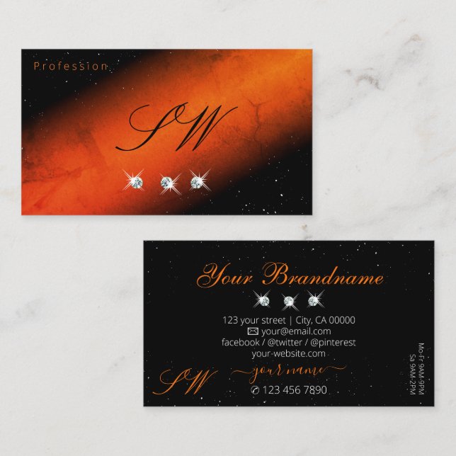 Outstanding Black Orange Sparkling Jewels Monogram Business Card (Front/Back)