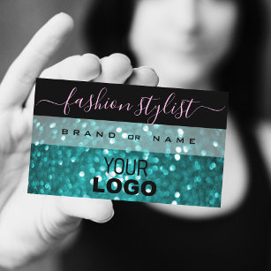 Outstanding Black Teal Sparkling Glitter with Logo Business Card