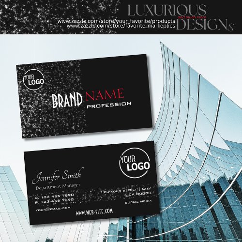 Outstanding Black Tiny Glitter Stars and Logo Chic Business Card