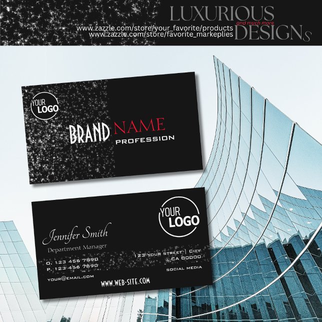 Outstanding Black Tiny Glitter Stars and Logo Chic Business Card (Creator Uploaded)