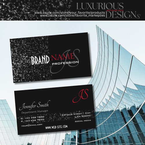 Outstanding Black Tiny Glitter Stars and Monogram Business Card