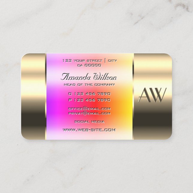 Outstanding Gold Glass Can Rainbow Fluids Monogram Business Card (Back)