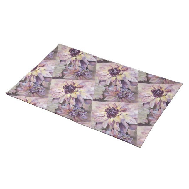 OUTSTANDING PURPLE AND YELLOW DAHLIA FLORAL CLOTH PLACEMAT (On Table)