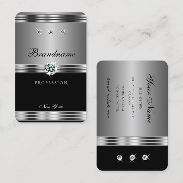Outstanding Silver Black Sparkling Diamonds Modern Business Card (Front/Back)