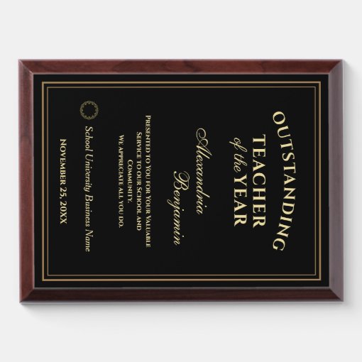 Outstanding Teacher of the Year Gold Personalize Award Plaque | Zazzle