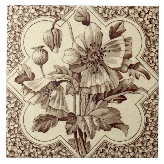 Outstanding Victorian Poppies Floral Sepia Repro Ceramic Tile (Front)