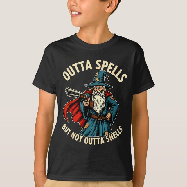Outta Spells But Not Outta Shells Wizard Fantasy M T-Shirt (Front)