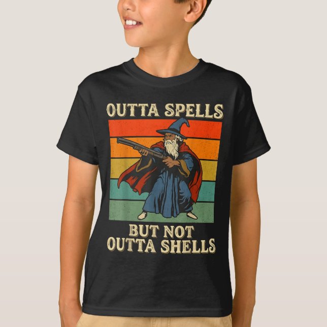 Outta Spells But Not Outta Shells Wizard Retro Fan T-Shirt (Front)