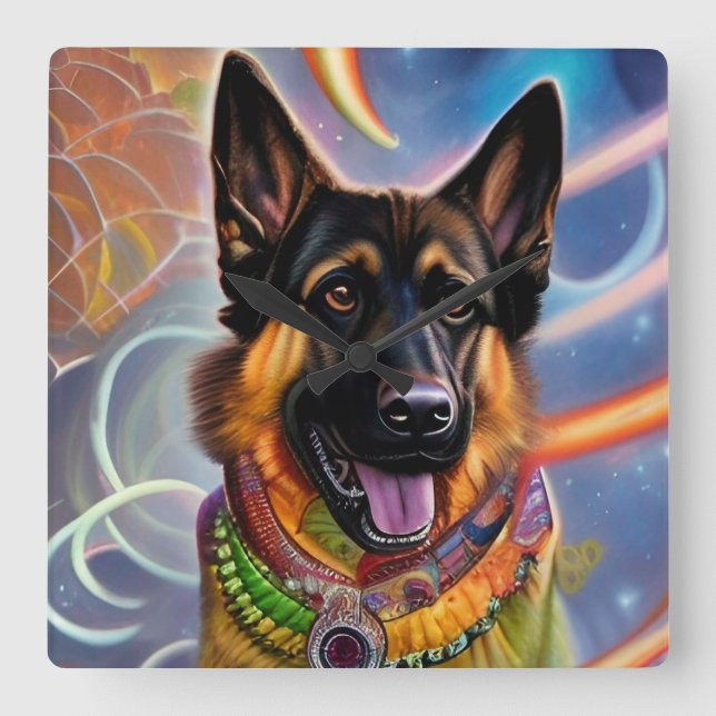 Outta This World Trippy German Shepherd    Square Wall Clock (Front)