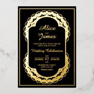 Oval Arch Mandala Elegant Black Gold Foil Wedding Invitation