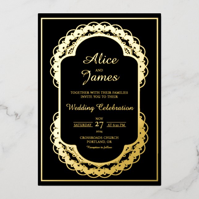 Oval Arch Mandala Elegant Black Gold Foil Wedding Invitation (Front)