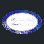 Oval Blue White Holiday Custom Gift Tag Stickers<br><div class="desc">This custom oval gift tag has script letters on a silver medallion against winter holiday art with an elegant pattern of pine boughs and pinecones in blue and white on an icy background of blues and violet.</div>