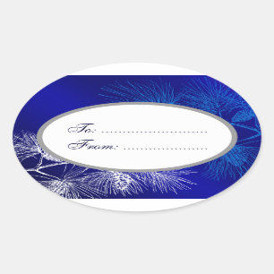 Oval Blue White Holiday Custom Gift Tag Stickers