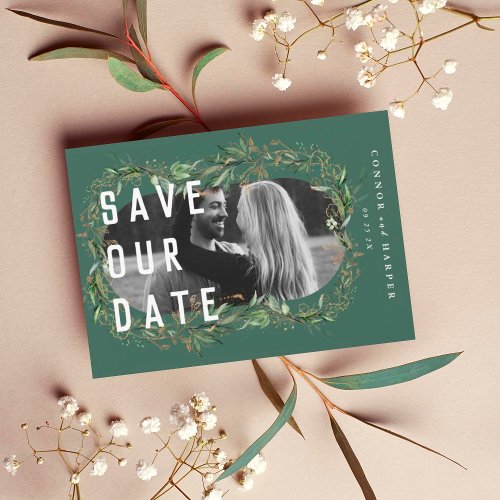 Oval Boho Bold Abstract Modern Leafy Golden Photo Save The Date