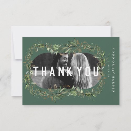 Oval Boho Bold Abstract Modern Leafy Golden Photo  Thank You Card